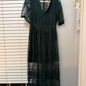 Elegant Lace V-Neck Midi Dress in Dark Green